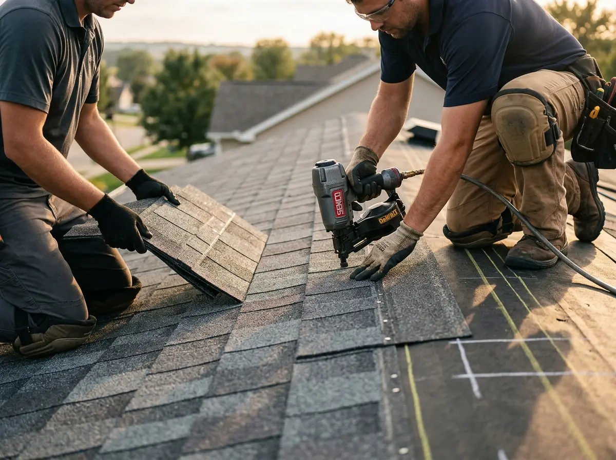 Professional roofer working on a residential roof in Eunice